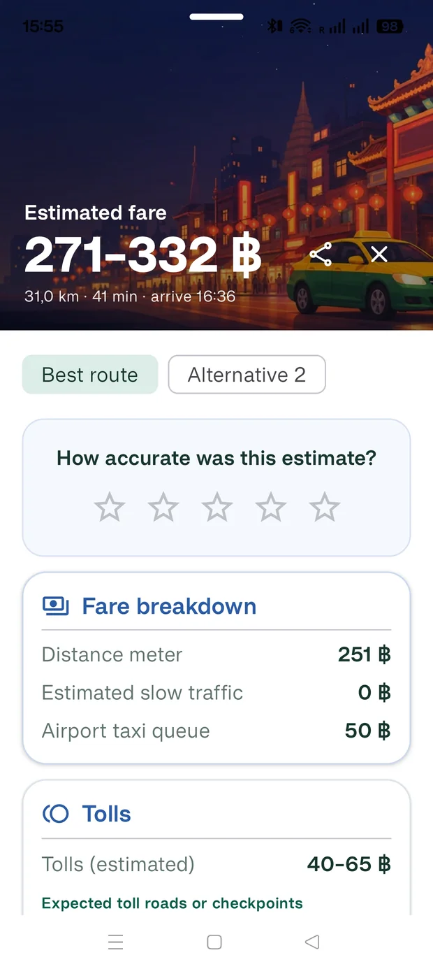 Resultado ampliado con ilustración de taxi y desglose de la estimación
