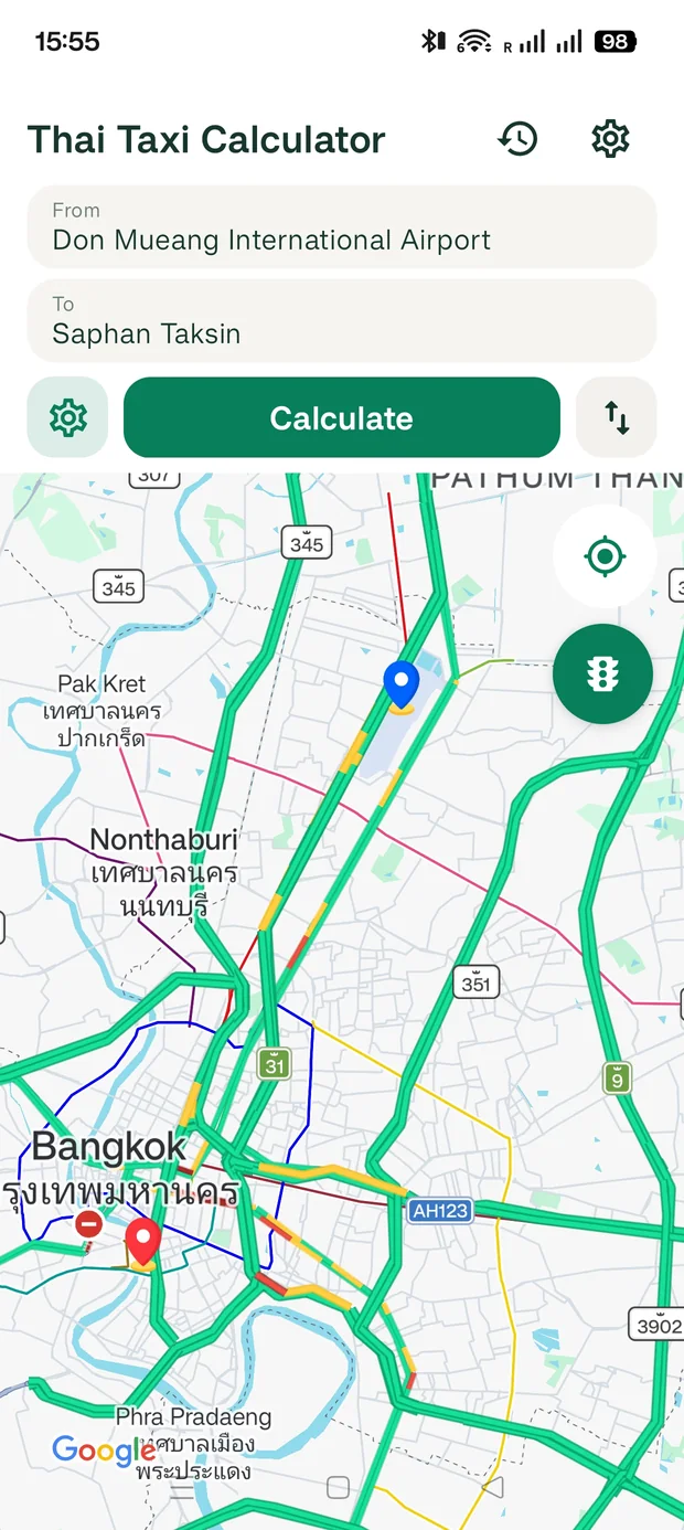 Mapa de Bangkok en Thai Taxi con origen y destino seleccionados