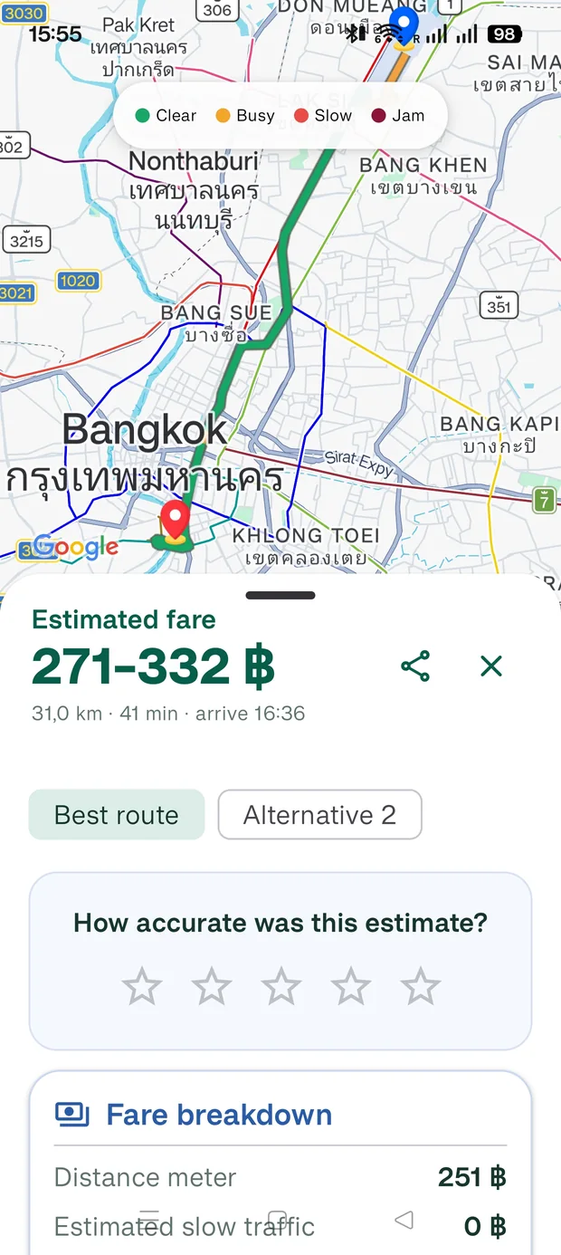 Ruta con colores de tráfico y panel de estimación del taxímetro
